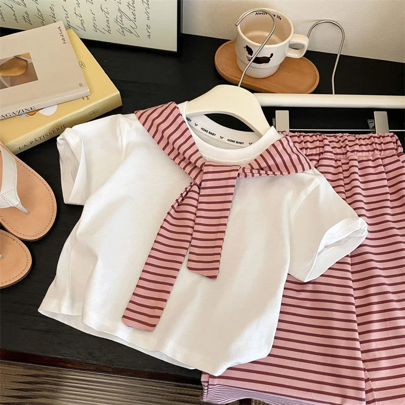 New Girls Summer Sets Children Casual Printed T-Shirt Suit Kids Short-Sleeve Top+Shorts Pcs Outfits Teenager Fashion Clothes