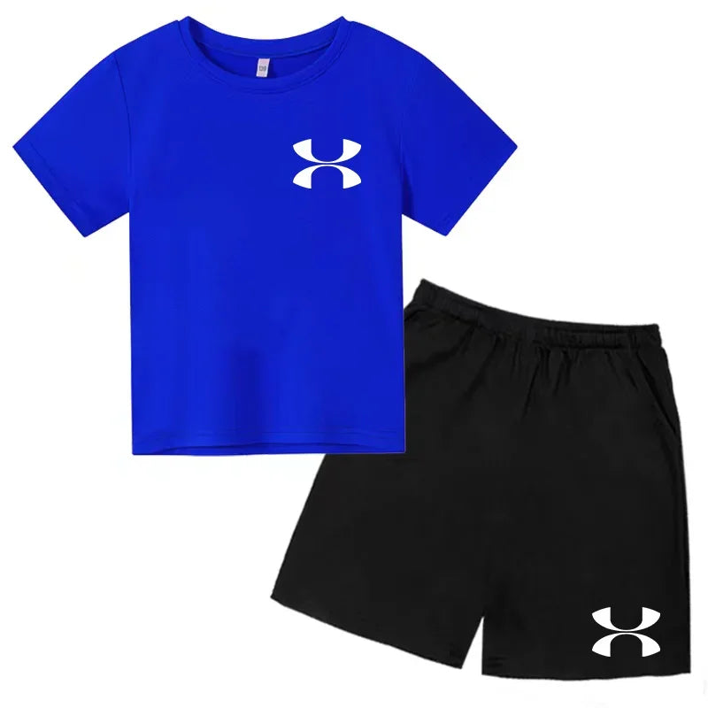 Kids Brand T-shirt Summer Clothes Letters Round Neck Fashion Short-sleeved+Shorts Two-piece Set Boy Girl 3-12Y Casual Sports Set