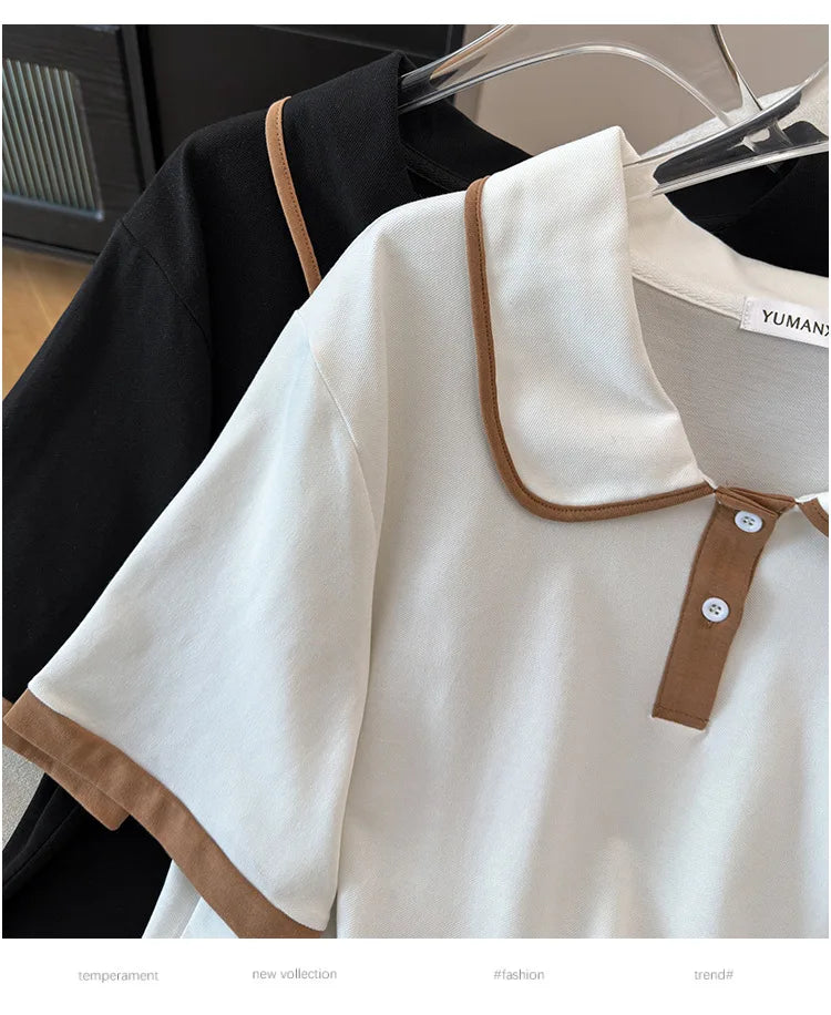 175Kg Plus Size Women's Bust 170 Summer Loose Lapel Top Short Sleeve T-Shirt Black White 6XL 7XL 8XL 9XL 10XL 11xl