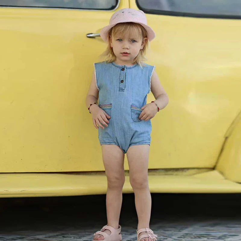 Summer kids clothes denim blue boy and girl dress t-shirt top set baby romper skirt colorful embroidery stripes children outfit