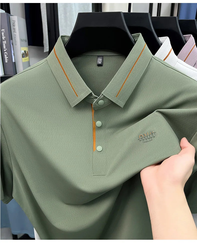 Luxury brand ice silk short sleeve polo shirt men's summer fashion letter embossed comfort breathable leisure high-end T-shirt