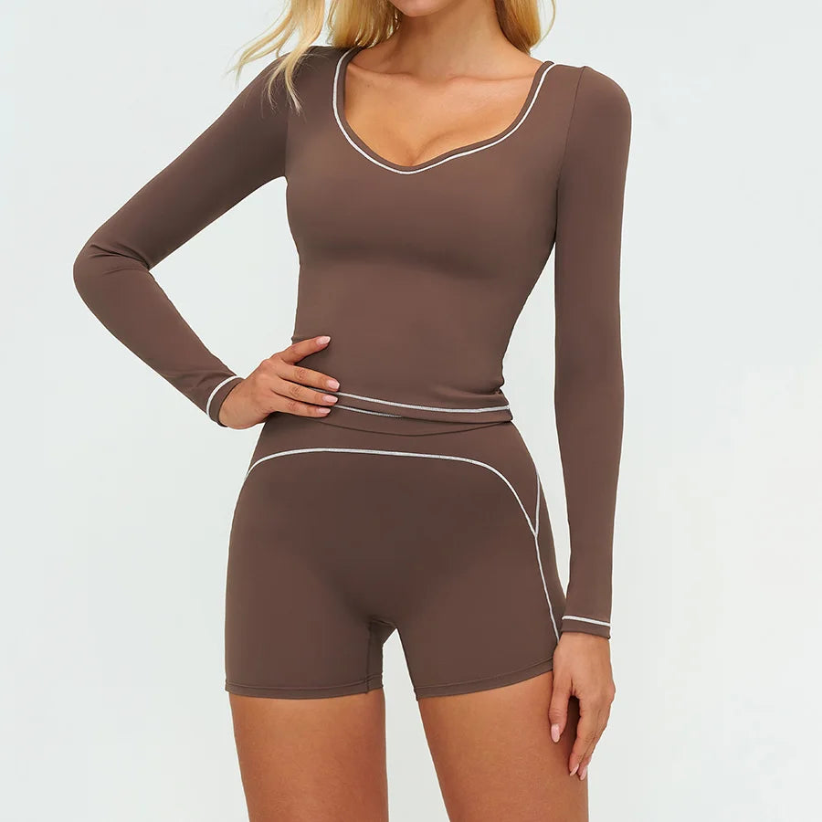 Yoga Set 2PCS Gym Clothes Sportswear Workout Outfits Women Long Sleeve Top Tracksuits Fitness Sports Bra Running Shorts Leggings