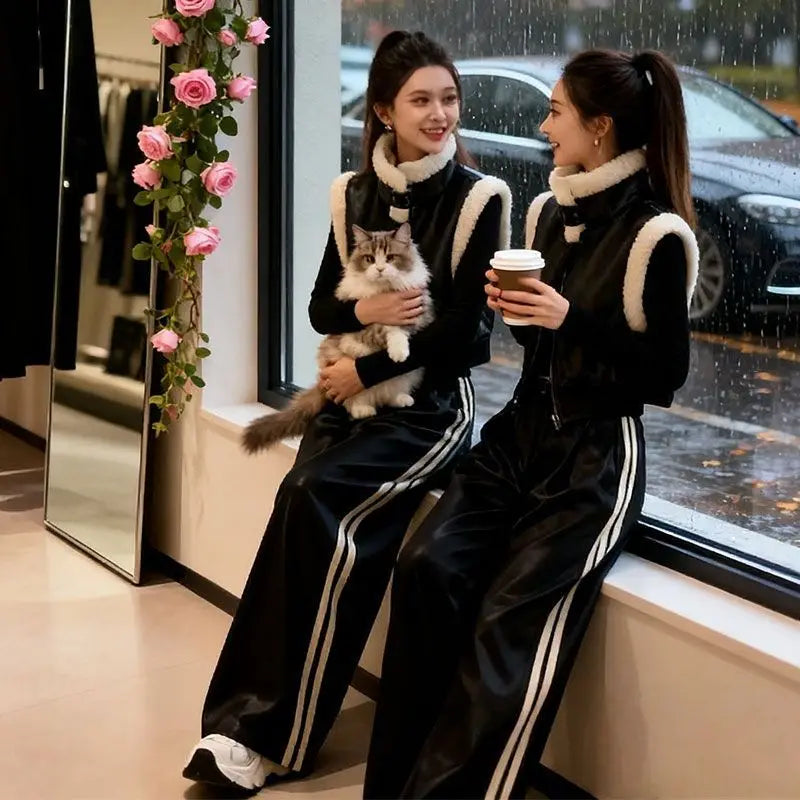 Autumn Winter Thickened Plush Patchwork Zipper Short Vest Women's High Waist Casual Wide Leg Pants Set Fashionable Cool