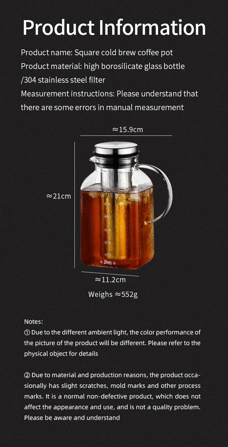 Bincoo 1200ML Glass Cold Brew Coffee Pot with double-layer Filter Cups Water Bottle Extracted Espresso Coffee Maker Juice Kettle