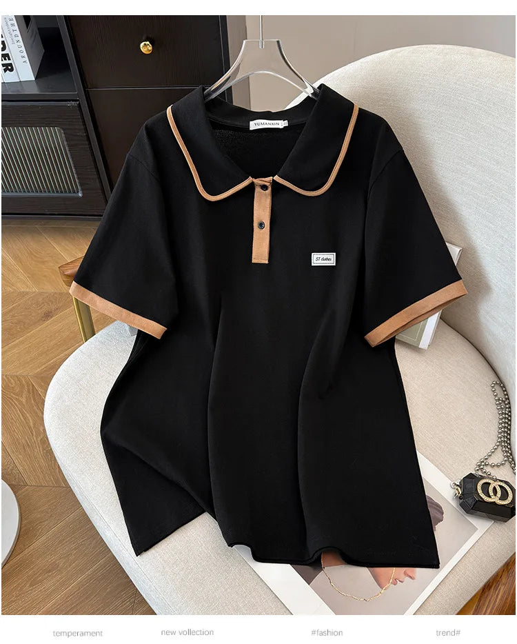 175Kg Plus Size Women's Bust 170 Summer Loose Lapel Top Short Sleeve T-Shirt Black White 6XL 7XL 8XL 9XL 10XL 11xl