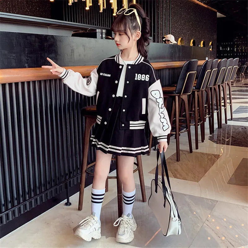 2024 Girls Clothing Sets Children Long Sleeved Coats Skirts Suit Teenage Girl Jacket Baseball Suit Kids Tracksuit Outfit Clothes