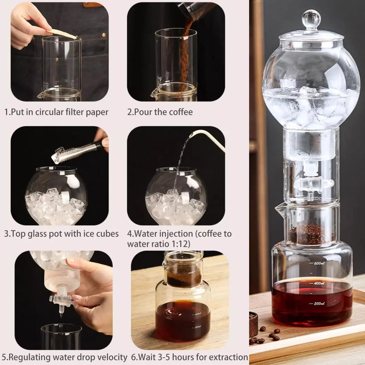Ice Drip Coffee Maker,20oz Cold Brew Coffee Makers Pot, Filter Cold Brew Machine Borosilicate Glass Drip Barista Accessories