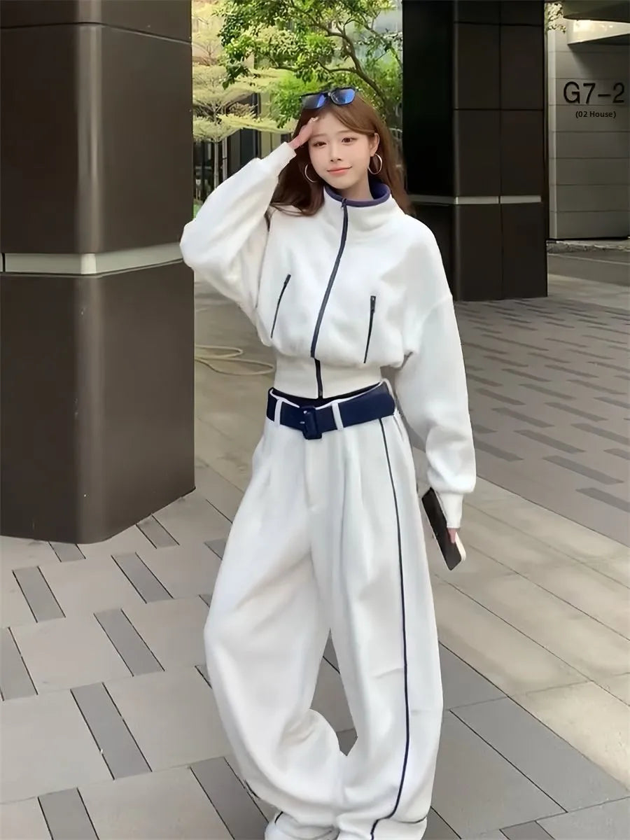 Korean Style Fashionable Set Women's Autumn Winter Design Collar Top Wide Leg Pants Two Piece Set Casual High Waist Polyester...