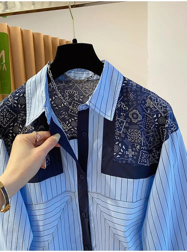 Chic Design Striped Long Sleeved Shirt Spring Autumn New Casual Retro Loose Shirts Versatile Women Fashion Tops