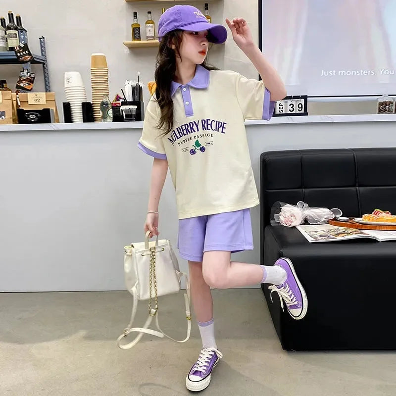 Summer Teenage Girls Clothes Set Children O-Neck Tshirt and Pleats Skirts Suit Student School Short Sleeve Tee Bottom Outfits
