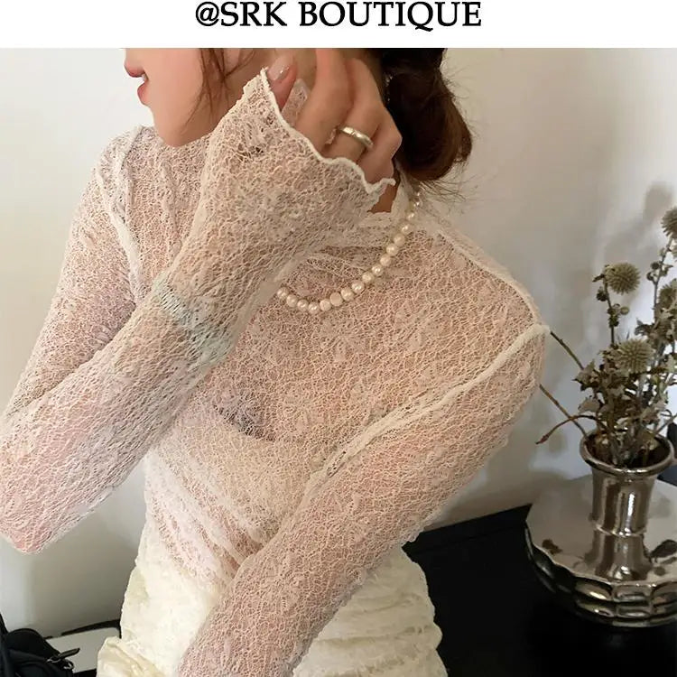 Sexy Lace Shirt Half High Collar Mesh Thin Long Sleeve Floral Embroidery Slim Fit Top Transparent Design Fashionable Spring 2024