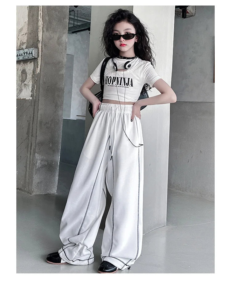 Summer teen girl Hip Hop Jazz Street Dance Costume Suit Cool Print Hollow Short T-shirt+Casual Sports Pants Set Child Outfits