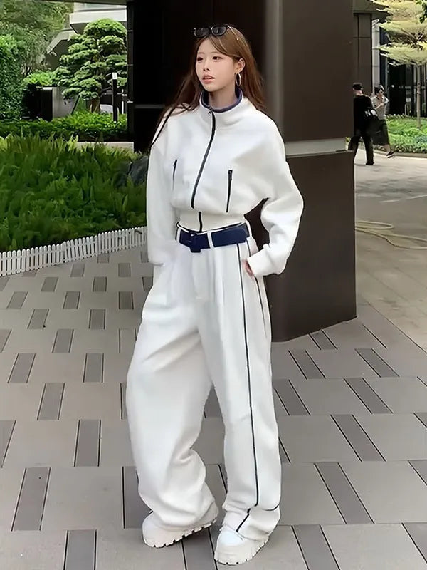 Korean Style Fashionable Set Women's Autumn Winter Design Collar Top Wide Leg Pants Two Piece Set Casual High Waist Polyester...