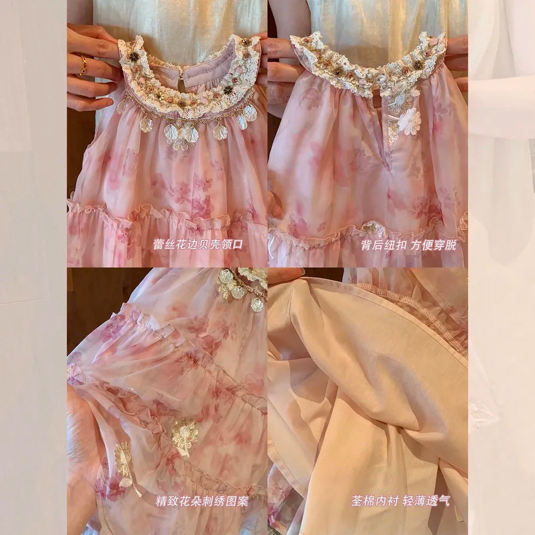 Girls' Summer Dress 2025 New Vacation Princess Dress Children's Baby Stylish Tank Top Skirt Floral Dress