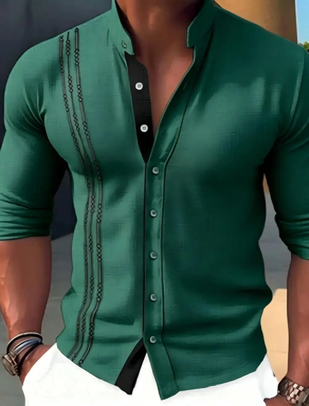 Men's linen casual shirt, loose fit, fashionable, high collar, suitable for summer wear, high collar cardigan, long sleeved, mad