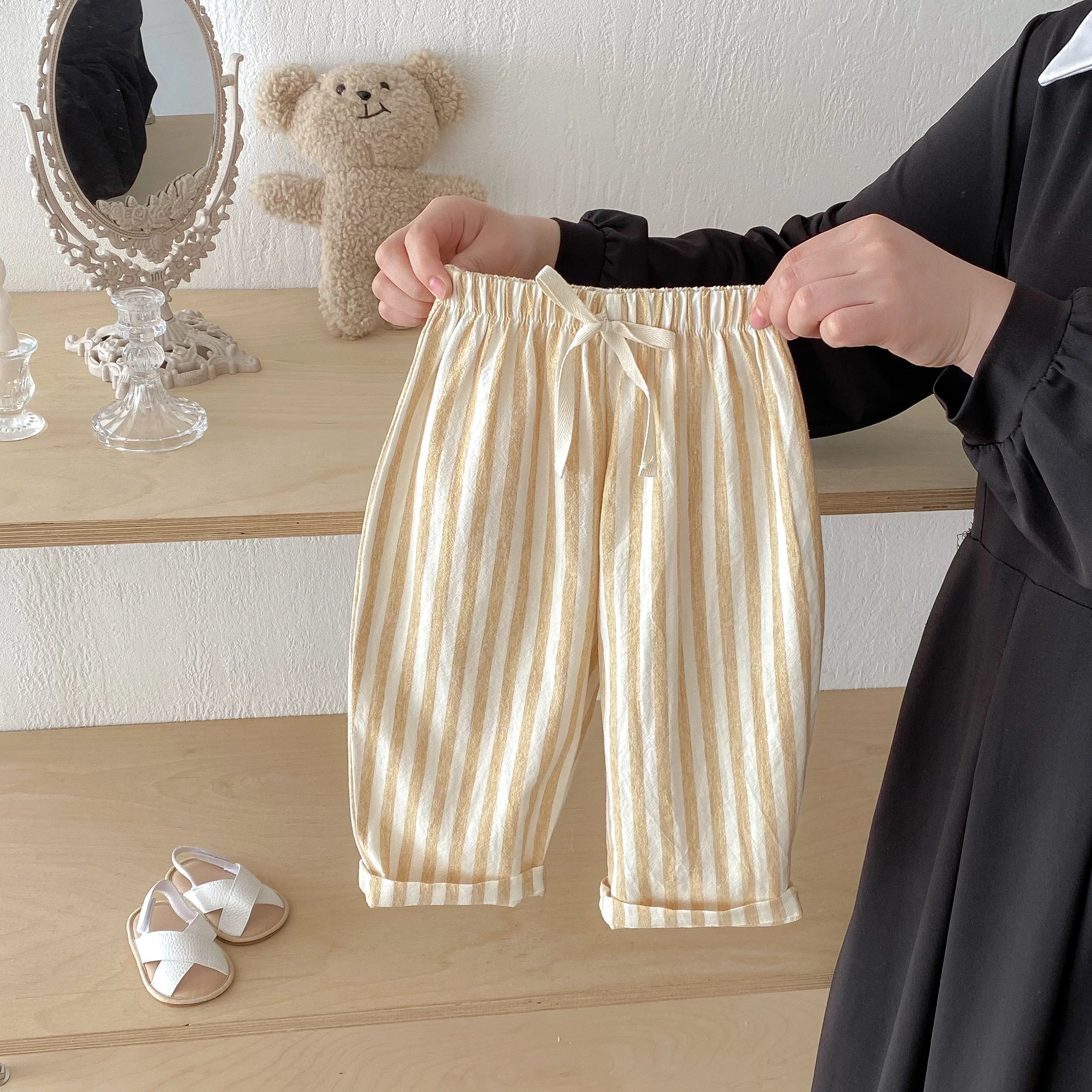 Spring Summer Boys Striped Loose Pants Baby Girl Vintage Casual Linen Cotton Harlan Pants Kids Lace-up Pant Children Clothing
