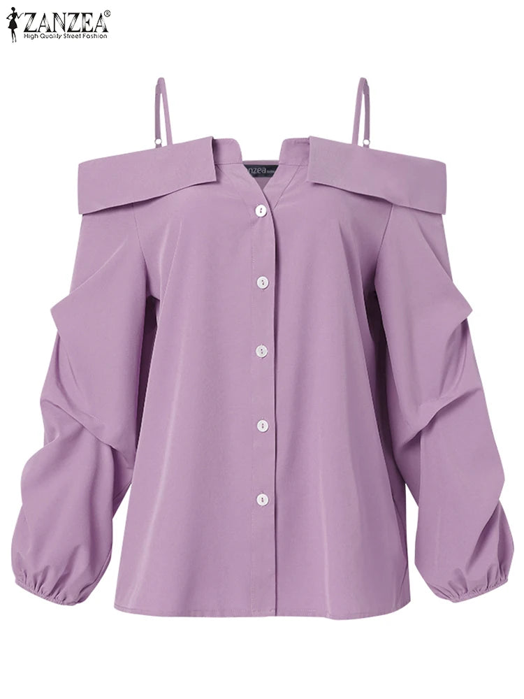 ZANZEA 2025 Fashion Shirts Women Sexy Off Shoulder Blouse Summer Casual Straps Button Tops Long Sleeve Pleated Solid Loose Tunic
