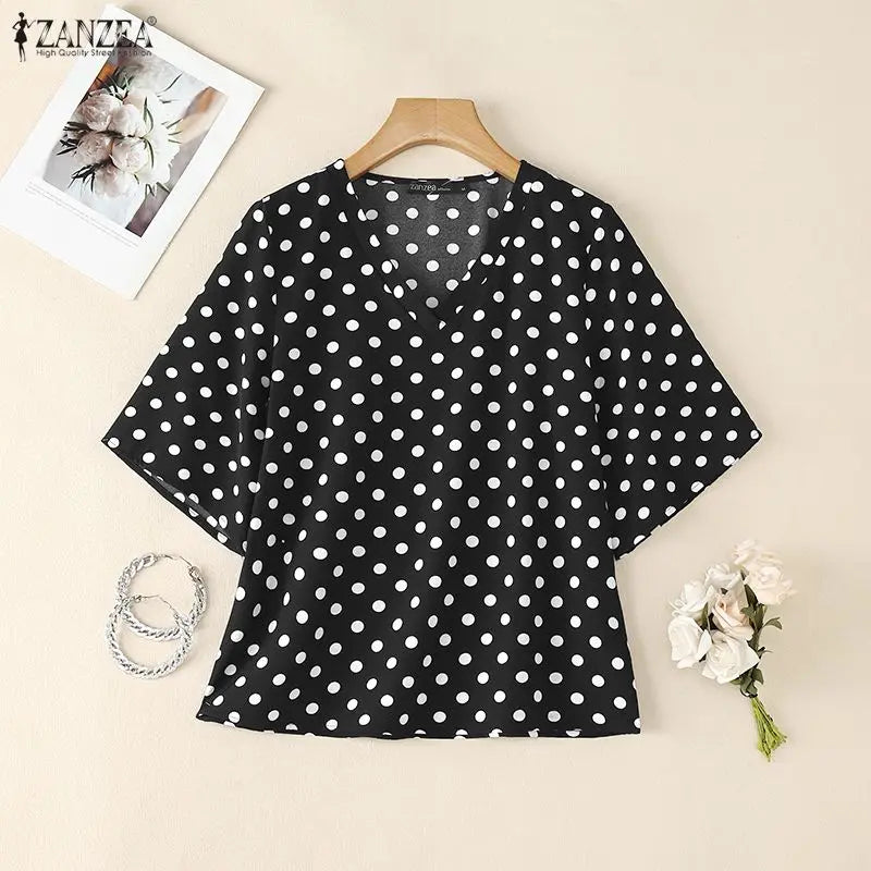 ZANZEA Elegant Woman Polka Dot Blouses Vintage V-Neck Half Bell Sleeves Loose Tops 2026 Summer Vacation Casual Blusas de Mujer