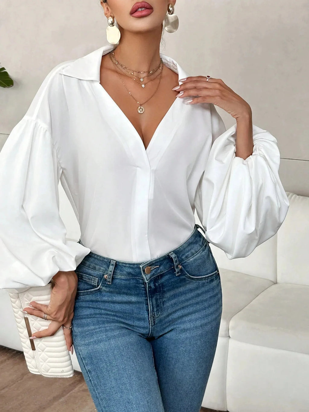 Boho Women's Blouses Spring Fall New Fashion French Polka Dot Half-neck Design Loose Puff Long-sleeve Top Casual Shirts Women