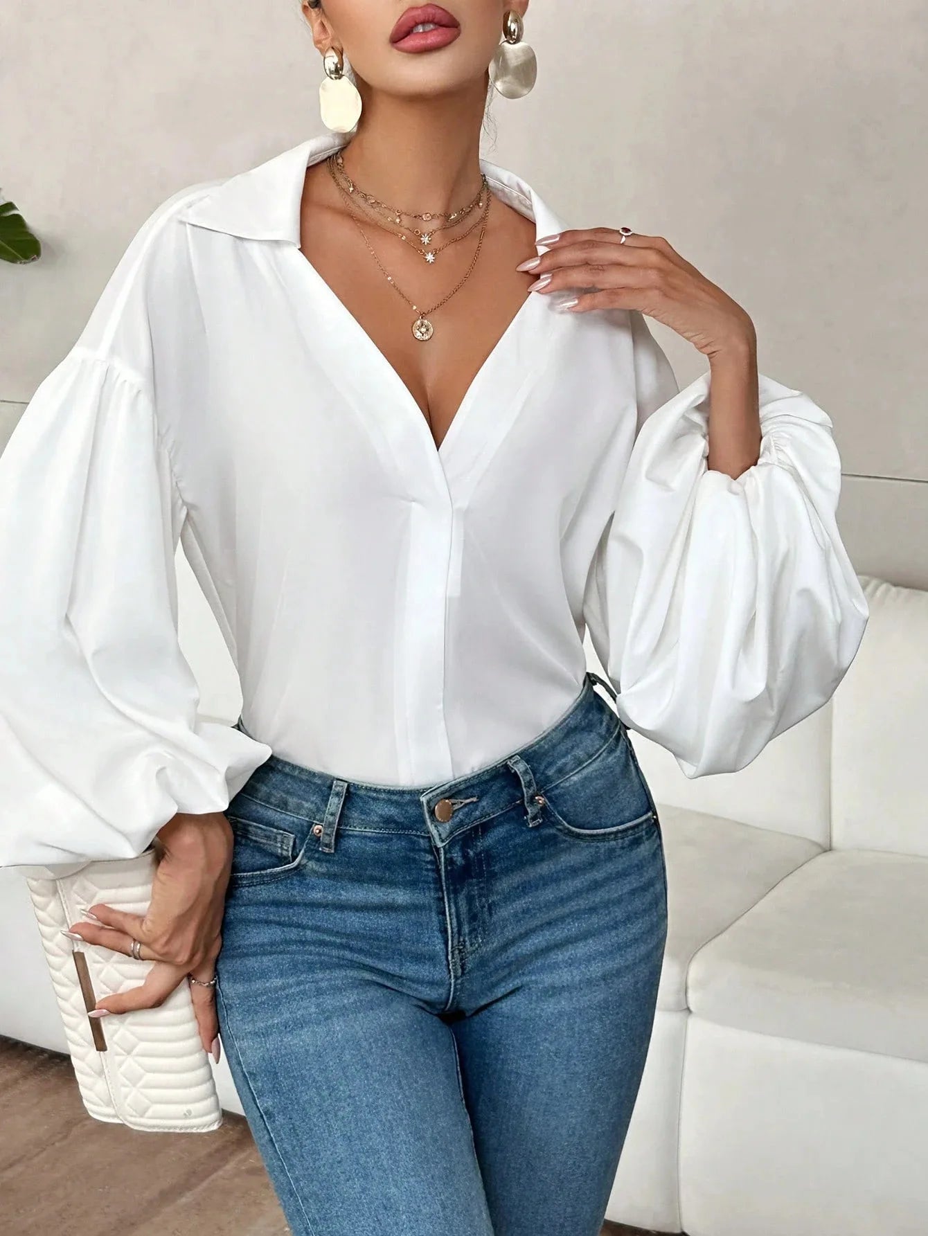 Boho Women's Blouses Spring Fall New Fashion French Polka Dot Half-neck Design Loose Puff Long-sleeve Top Casual Shirts Women