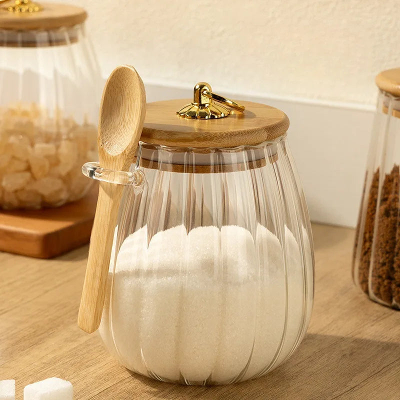 Food Container Kitchen Storage Bottles Glass Airtight Canister Grains Tea Coffee Beans Grains Candy Jars with Wood Lid and Spoon