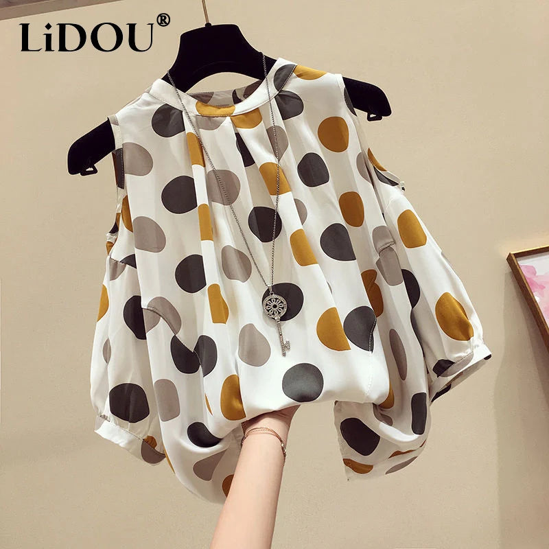 Oversize Summer Polka Dot Printed Chiffon Blouses Women Round Neck Patchwork Short Sleeve Shirt Off Shoulder Tops Female Clothes