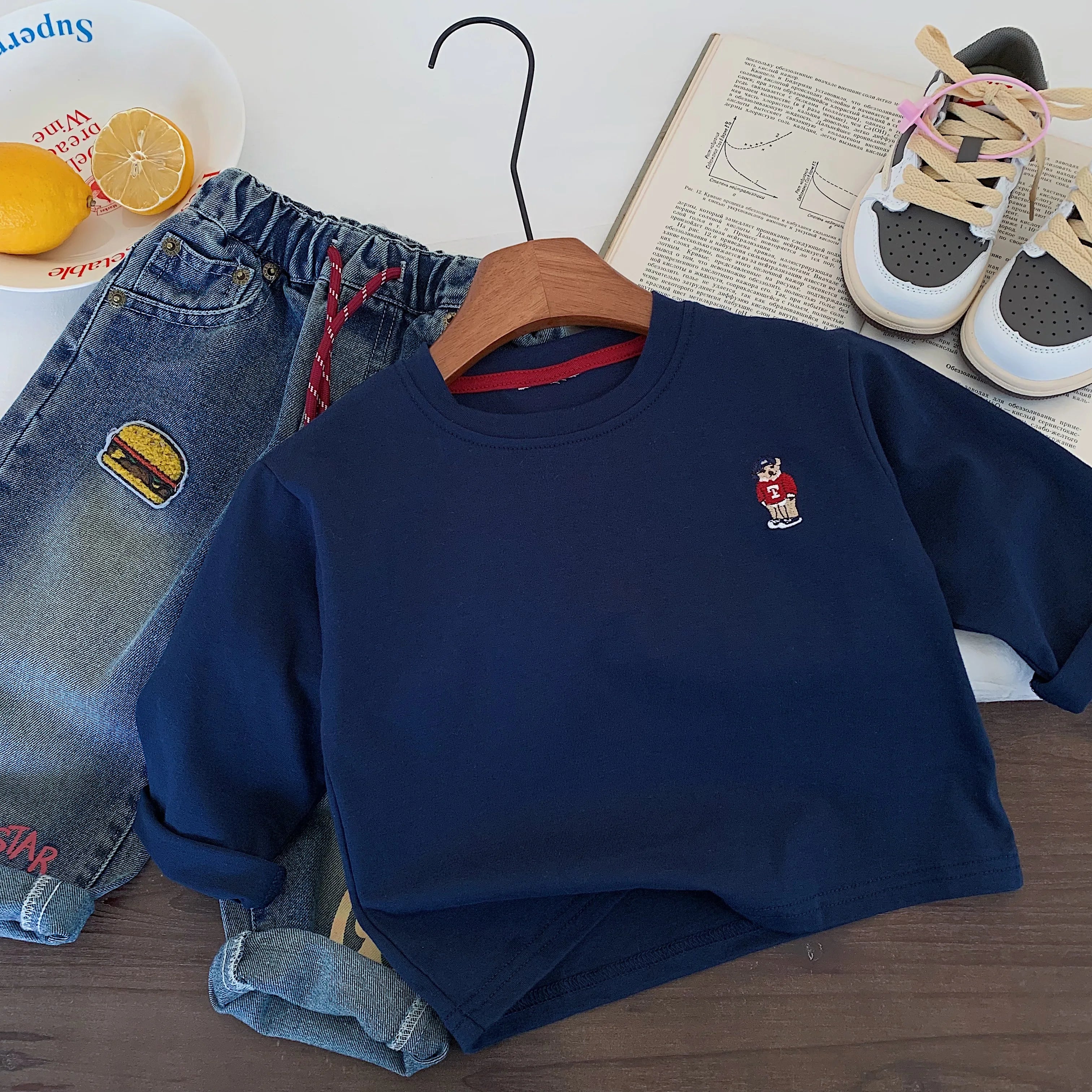 Children's T-shirt Spring Boys and Girls Striped Bear Base Shirt Baby Versatile Long Sleeve T Trendy