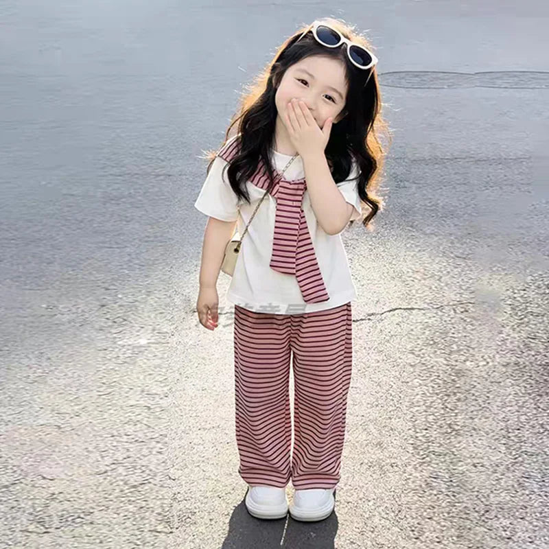 New Girls Summer Sets Children Casual Printed T-Shirt Suit Kids Short-Sleeve Top+Shorts Pcs Outfits Teenager Fashion Clothes