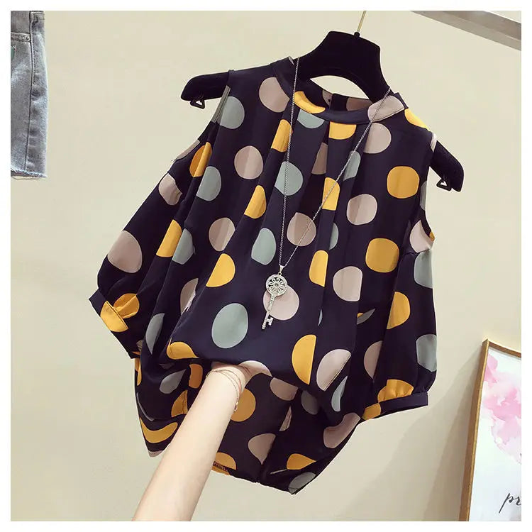 Oversize Summer Polka Dot Printed Chiffon Blouses Women Round Neck Patchwork Short Sleeve Shirt Off Shoulder Tops Female Clothes