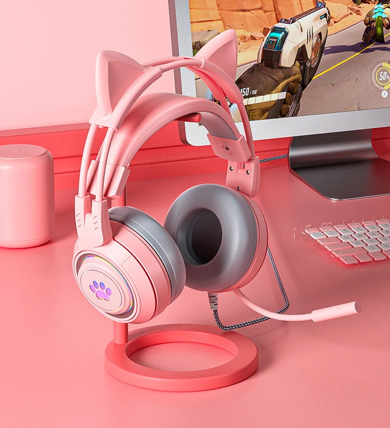 pink Gaming Headset for PC, PS4, PS5, Laptop 3.5mm Noise Reduction with Mic Noise Cancelling, LED Light for Girls, Women