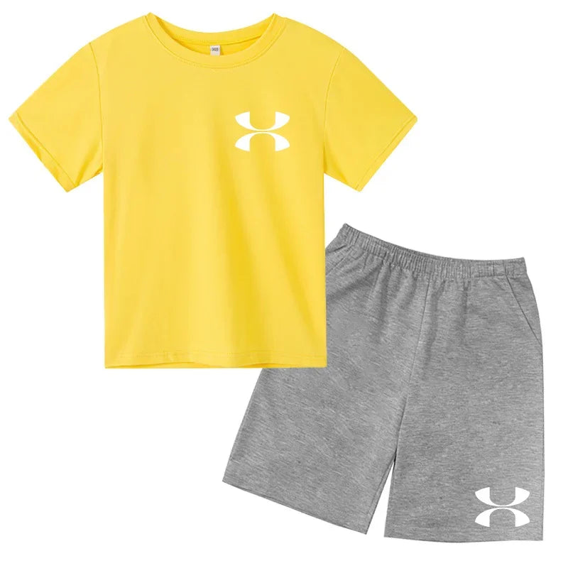 Kids Brand T-shirt Summer Clothes Letters Round Neck Fashion Short-sleeved+Shorts Two-piece Set Boy Girl 3-12Y Casual Sports Set