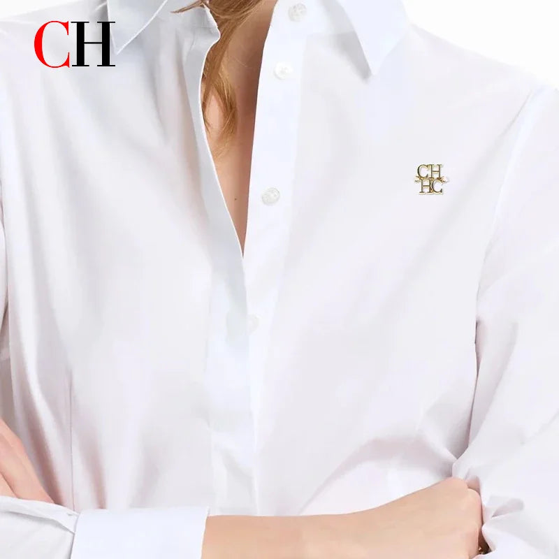 CH Fashion Women's Shirt High Quality Brand Letter Label Accessories Pure White 2025 New Women's Sexy Long Sleeve Shirt