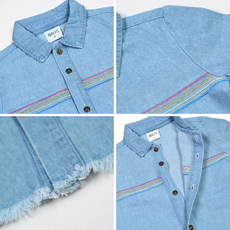 Summer kids clothes denim blue boy and girl dress t-shirt top set baby romper skirt colorful embroidery stripes children outfit