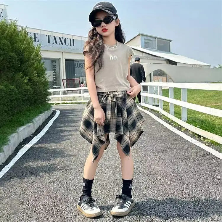 Summer Girls Clothing Set Solid Color Letter Print T-shirt+Plaid Irregular Skirt 2Pcs For 5-14 Years Teen Kids Fashion Outfit