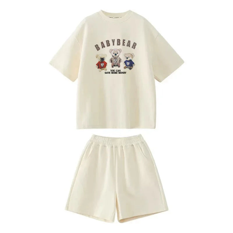 2026 SUMMER children set Girls Clothes sport tracksuit teenager bear letter T-shirt + shorts hot pant 4 5 7 8 9 10 11 12 years