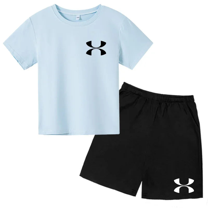 Kids Brand T-shirt Summer Clothes Letters Round Neck Fashion Short-sleeved+Shorts Two-piece Set Boy Girl 3-12Y Casual Sports Set