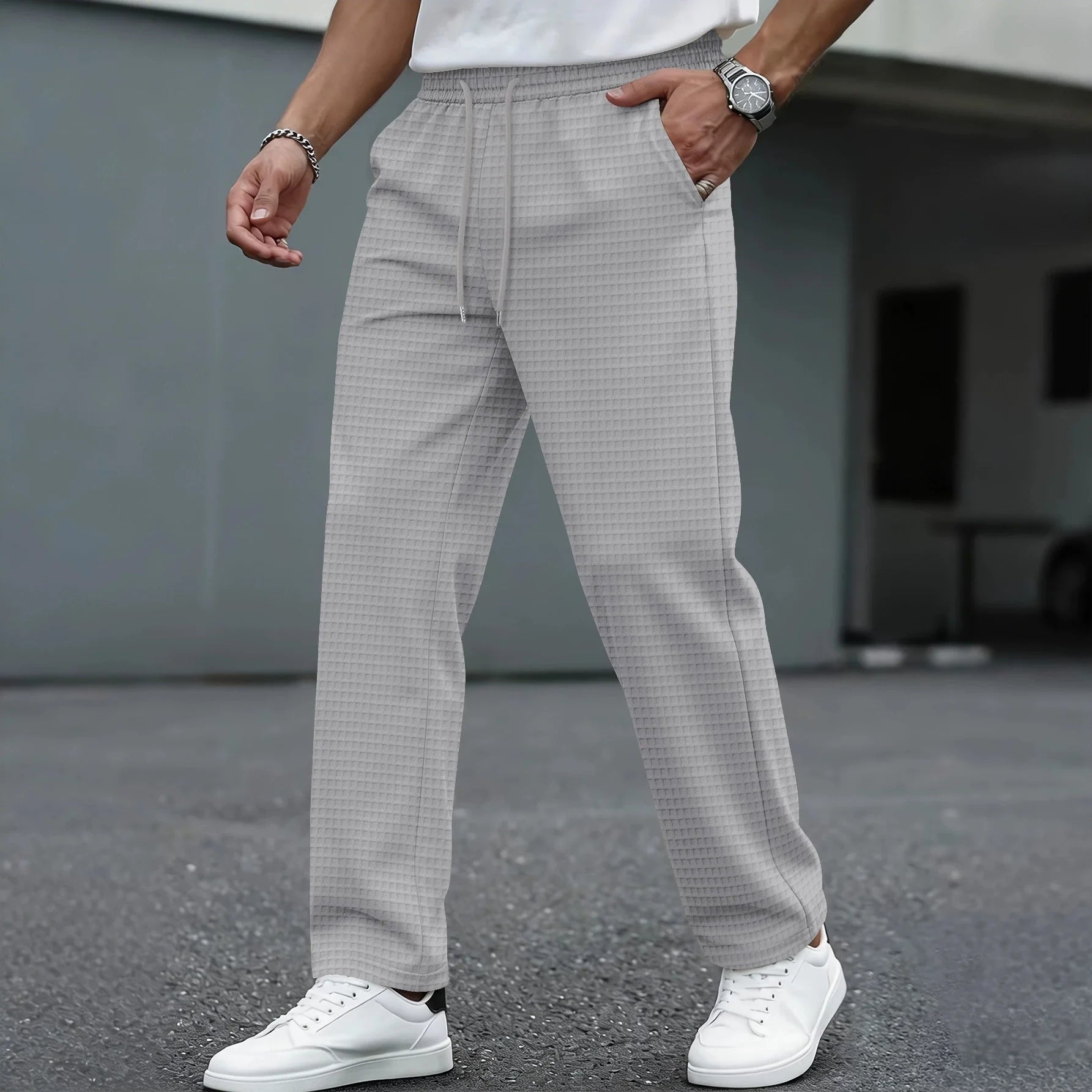 Men's new wide-checkered drawstring casual pants - lightweight, breathable, solid color, comfortable straight-leg trousers
