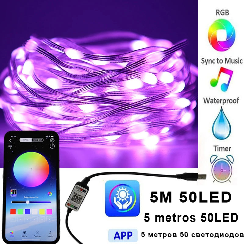 2-20M RGB LED String Lights with App Control Bluetooth USB Fairy Lights Color Changing DIY Decor for Gaming Party Live Streaming