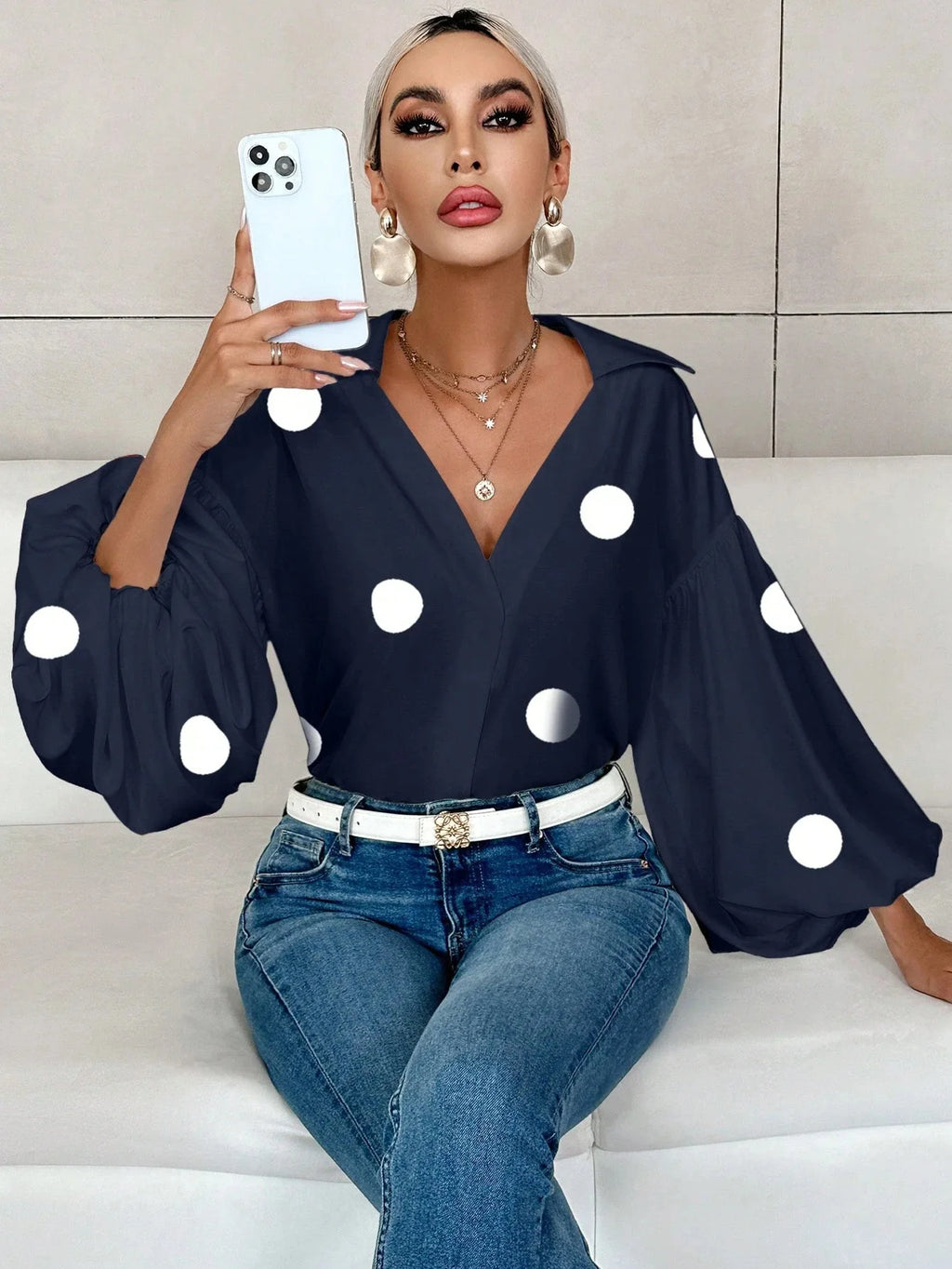 Boho Women's Blouses Spring Fall New Fashion French Polka Dot Half-neck Design Loose Puff Long-sleeve Top Casual Shirts Women