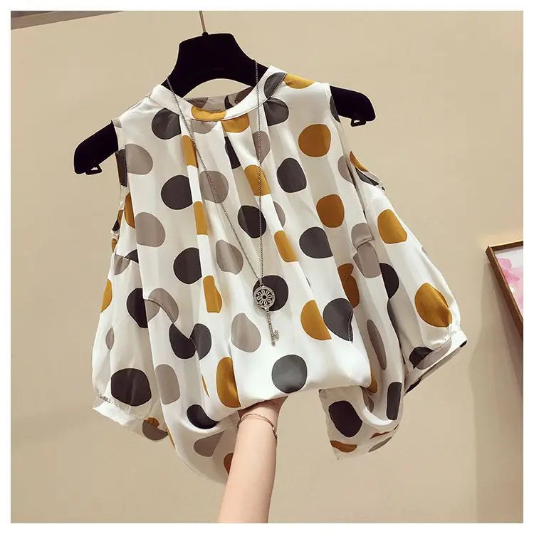 Oversize Summer Polka Dot Printed Chiffon Blouses Women Round Neck Patchwork Short Sleeve Shirt Off Shoulder Tops Female Clothes