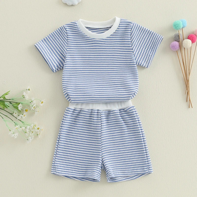 2024-12-30 Lioraitiin Toddler Baby Boys Summer Outfit Waffle Striped Short Sleeve T-shirt Elastic Waist Shorts Set