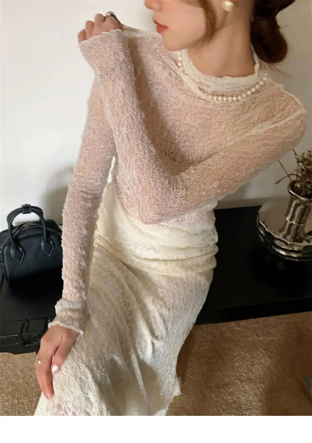 Sexy Lace Shirt Half High Collar Mesh Thin Long Sleeve Floral Embroidery Slim Fit Top Transparent Design Fashionable Spring 2024