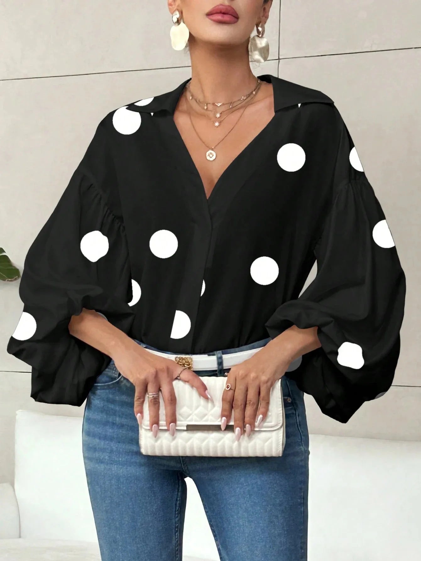 Boho Women's Blouses Spring Fall New Fashion French Polka Dot Half-neck Design Loose Puff Long-sleeve Top Casual Shirts Women