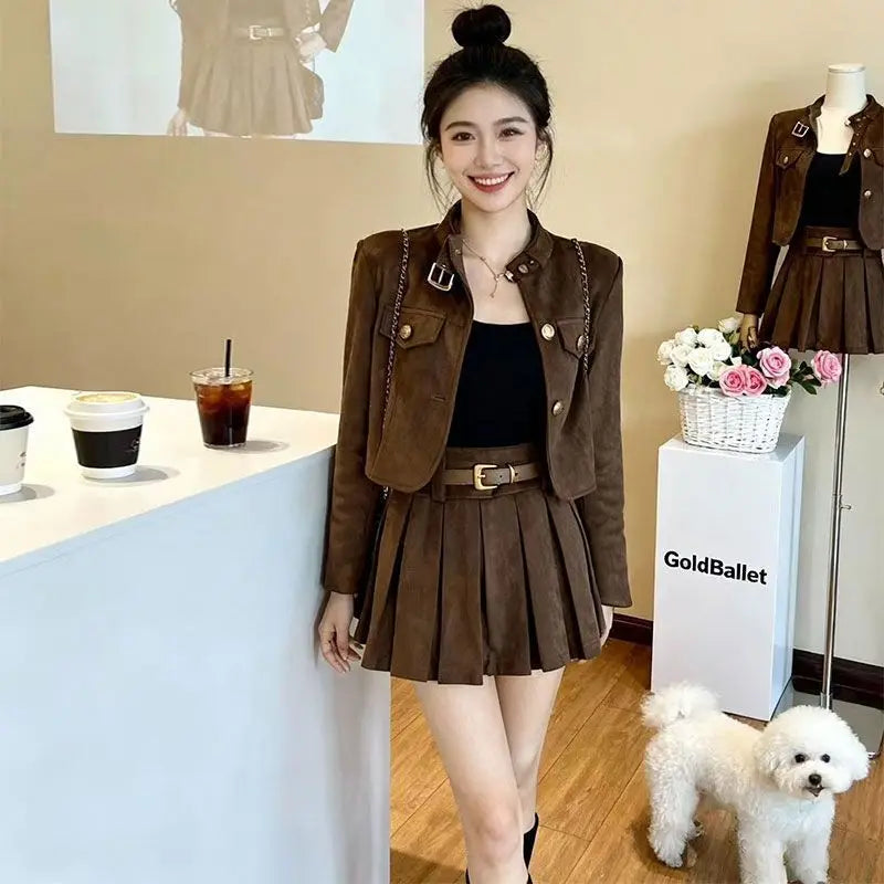 Fashionable Short Outerwear And Half-length Pleated Skirt Set Women's Spring 2026 Stylish Slimming Ensemble Casual Style