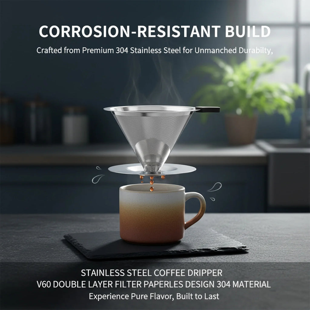 V60 Stainless Steel Coffee Filter Cone Double Layer Paperless Design 304 Material for Pour Over Brewing Large Capacity