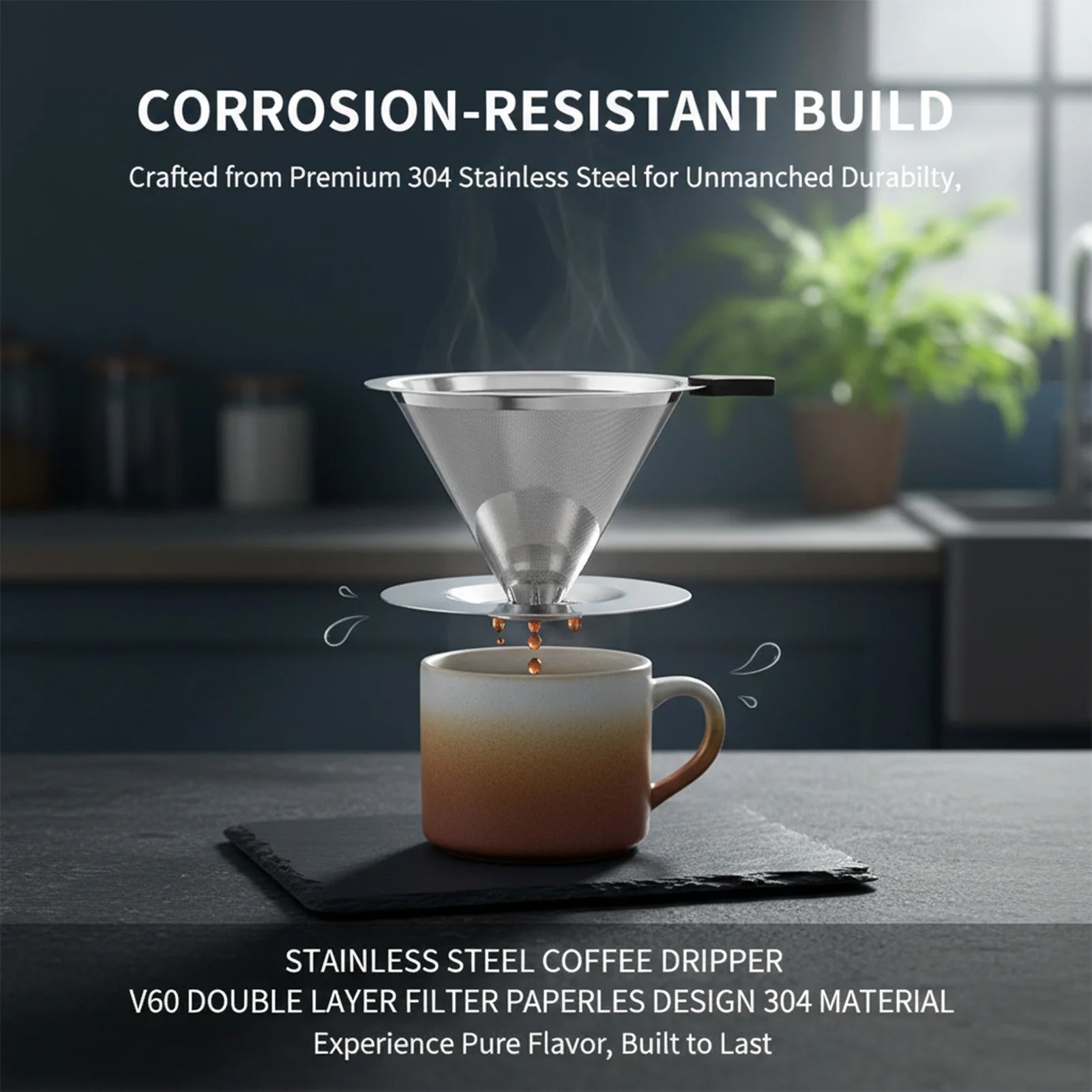 V60 Stainless Steel Coffee Filter Cone Double Layer Paperless Design 304 Material for Pour Over Brewing Large Capacity