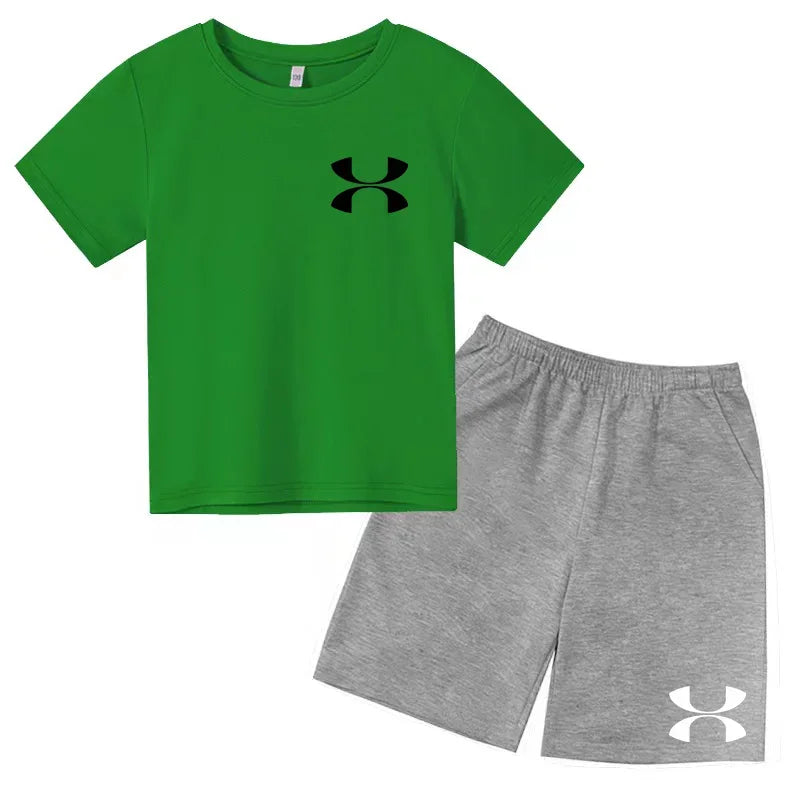 Kids Brand T-shirt Summer Clothes Letters Round Neck Fashion Short-sleeved+Shorts Two-piece Set Boy Girl 3-12Y Casual Sports Set