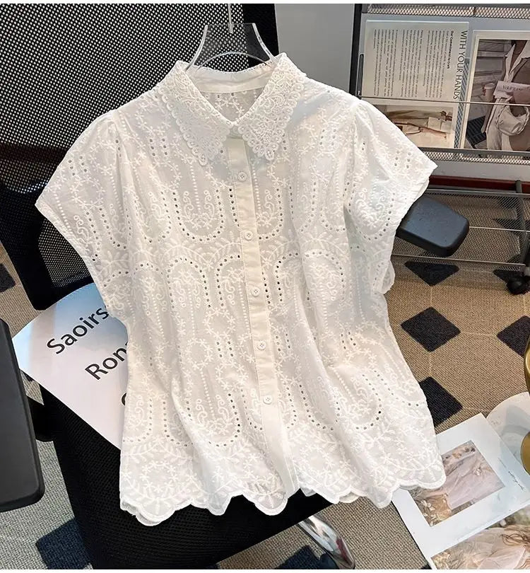 Elegant European Summer 2025 New Design Sense Small Hollow out Embroidery  Collar Top Versatile Match Korean Style Loose Fit