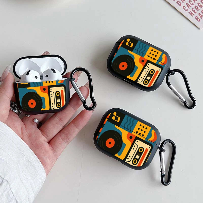 Trendy Retro Music Pattern Earbuds Case For AirPods 4/3/2/1 Case For AirPods Pro 3/Pro 2/Pro TPU Protective Cover with Keychain
