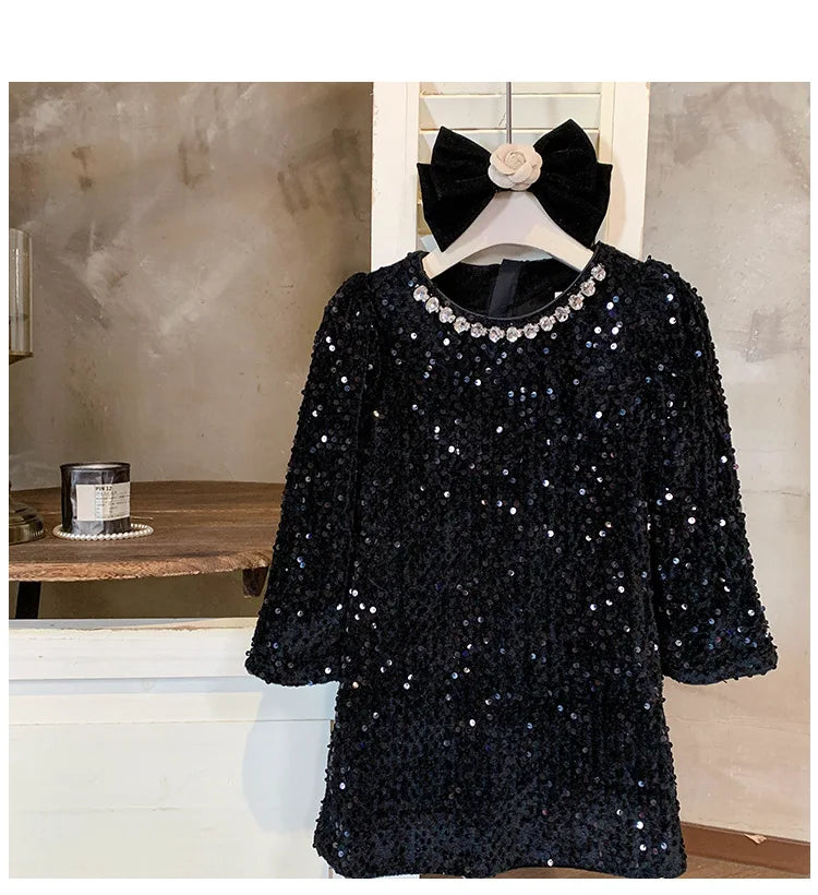 Girls' Dress Winter New Foreign Style Girls Velvet Princess Dress Children's Fashionable Sequined Heavy Industry Dress